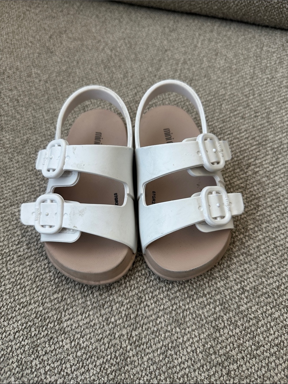Mini Melissa White Double-Buckle Sandals with Tan Footbed